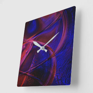 Curved strokes over startling red and blue crust   square wall clock