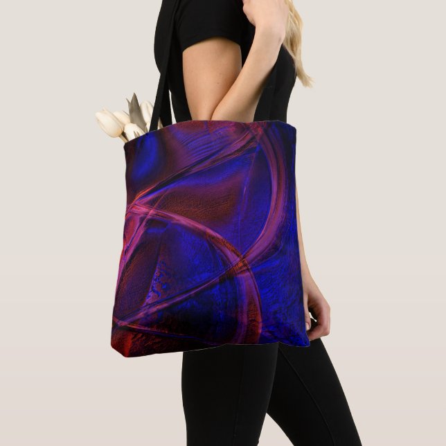 Curved strokes over startling red and blue crust   tote bag (Close Up)