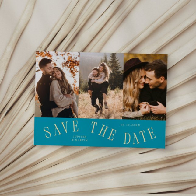 Curved Typography Multi Photo Aqua Blue Save The Date (Creator Uploaded)