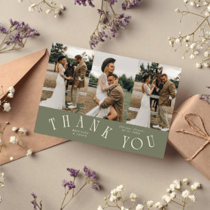 Curved Typography Sage Green Wedding Multi Photo  Thank You Card