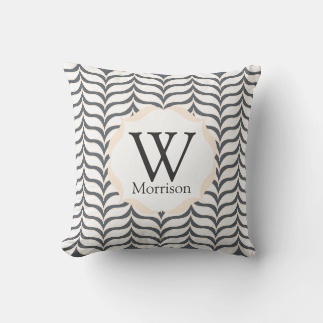 Curved White Cream Chevrons Pattern Monogram Throw Pillow (Front)