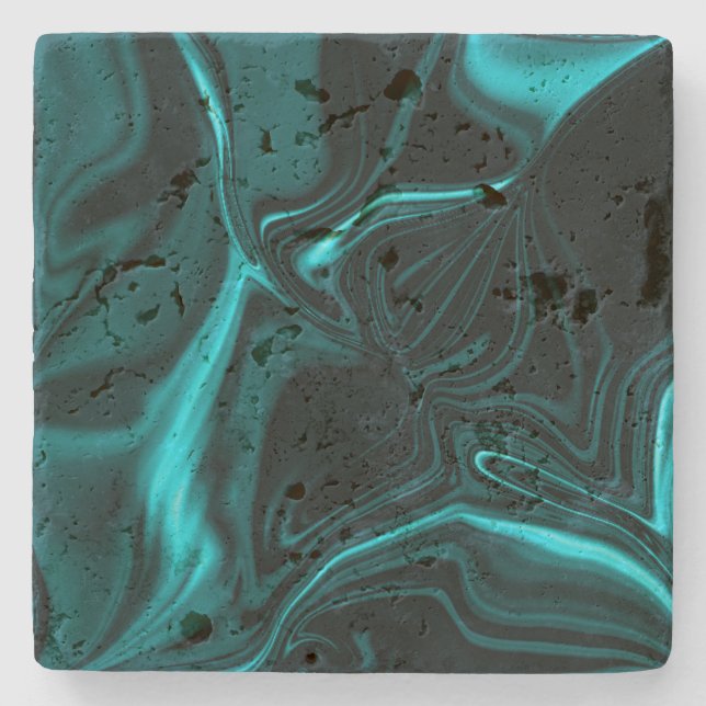 Curves in dark turquoise blue, deep sky or cyan stone coaster (Front)