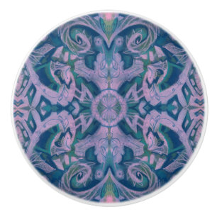 Curves & Lotuses, abstract pattern lavender & blue Ceramic Knob
