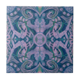 Curves & Lotuses, abstract pattern lavender & blue Tile