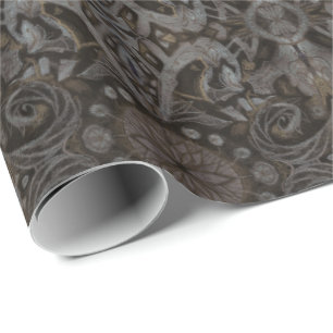 Curves & Lotuses damask taupe charcoal black brown Wrapping Paper
