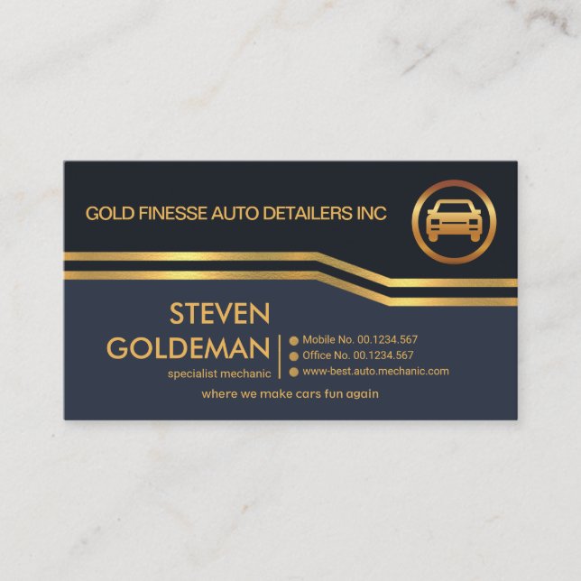 Curving Gold Lines Black Blue Layers Automobile Business Card (Front)