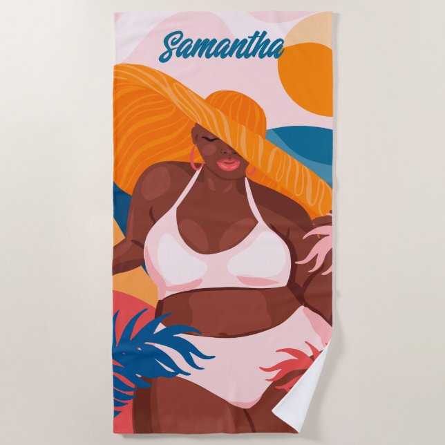 Curvy Black Woman, Beach Vacation Ready, Name Towel (Front)
