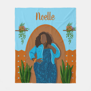 Curvy, Black Woman, Houseplants, Orange & Blue Fleece Blanket