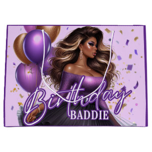 Curvy Black Woman Purple Birthday Baddie Large Gift Bag