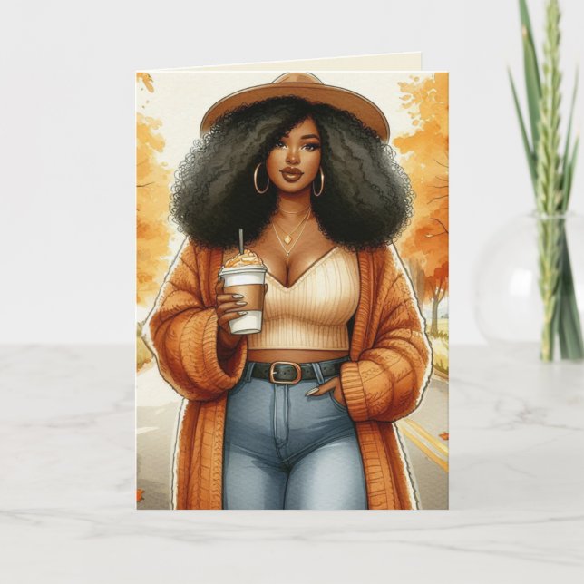 Curvy Cozy African American Woman Thanksgiving Card (Front)