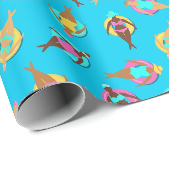 Curvy Girl Friends at the Swimming Pool Patterned Wrapping Paper (Roll Corner)