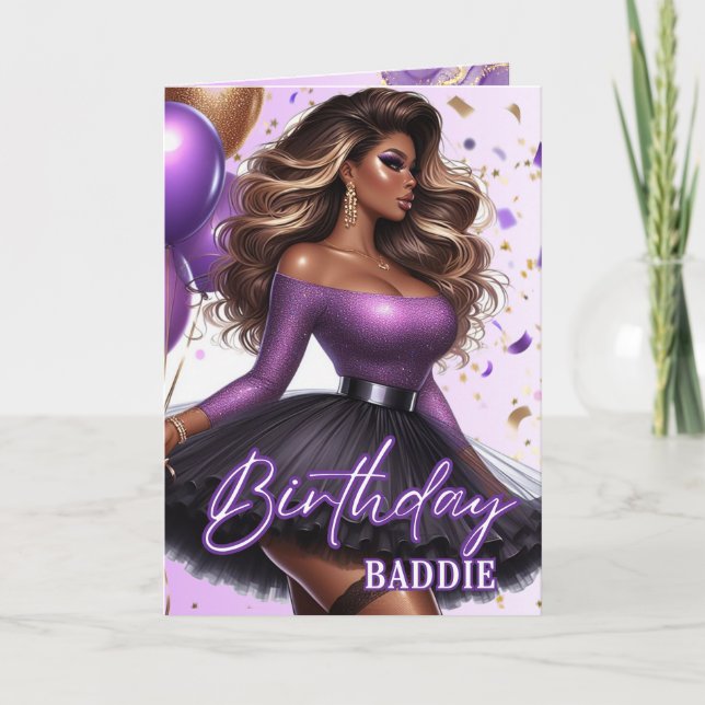 Curvy Glam African American Woman Purple Birthday Card (Front)