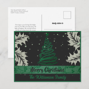 Curvy Lines Christmas Tree Holly Leaf Green Black Holiday Postcard