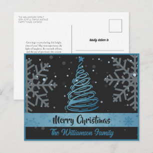 Curvy Lines Christmas Tree Snowflakes Blue Black Holiday Postcard