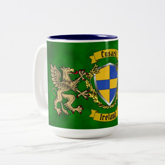 Cusack Irish Shield & Griffins Two-Tone Coffee Mug (Front Left)