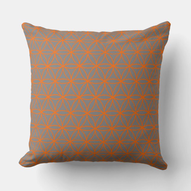 Cushion, Lotus Flower Graphic in Grey and Orange Throw Pillow (Front)