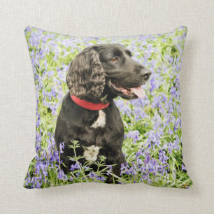 cushion with black spaniel in bluebells