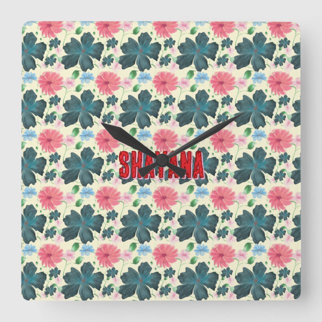 Cusom Watercolor floral pattern gift   Square Wall Clock (Front)