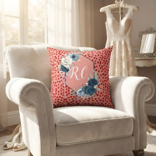 Cusotm Monogram Cute Red Heart & Dusty Blue Floral Throw Pillow