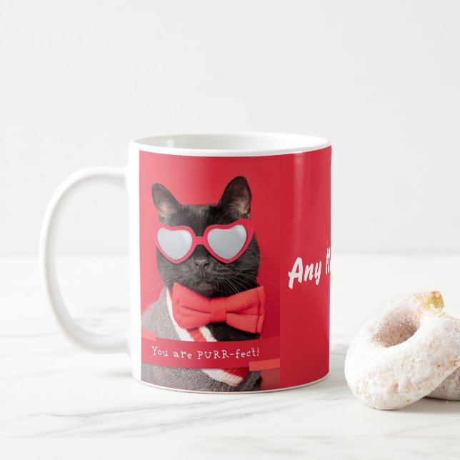 Cust Cat in Heart Glasses Custom Name Coffee Mug (With Donut)