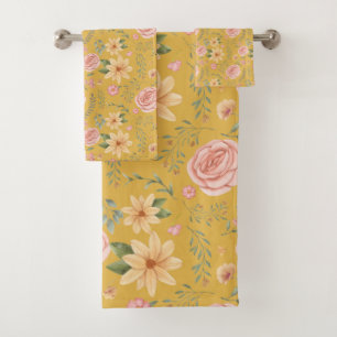Custard Yellow Elegant Vintage Wildflower Pattern Bath Towel Set