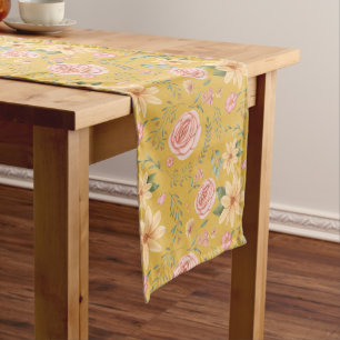 Custard Yellow Elegant Vintage Wildflower Pattern Long Table Runner