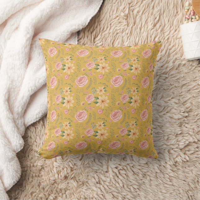 Custard Yellow Elegant Vintage Wildflower Pattern  Throw Pillow (Blanket)