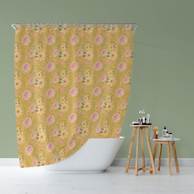 Custard Yellow Vintage Wildflower Rose Pattern  (Custard Yellow Vintage Wildflower Rose Pattern Shower Curtain)