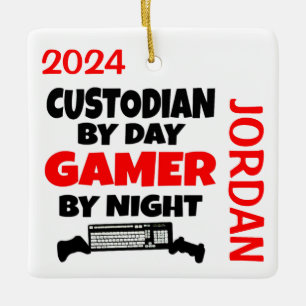 Custodian Loves Playing Video Games Ceramic Ornament