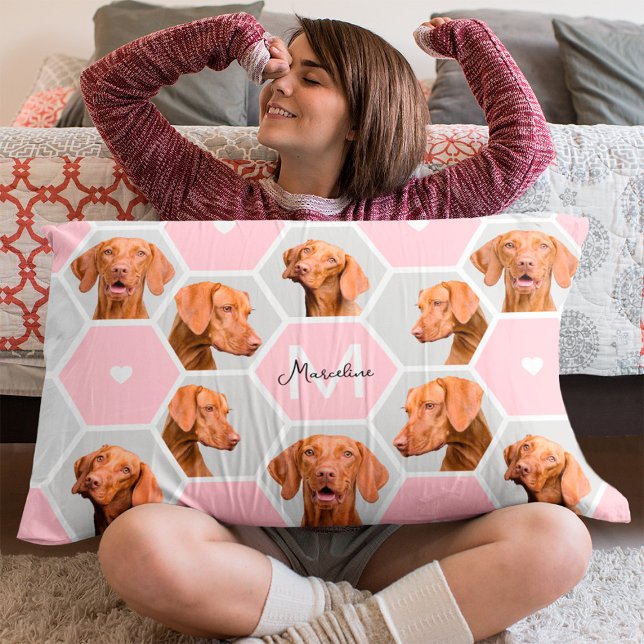 Custom 10 Pet Dog Photo Collage Monogram Pink Grey Accent Pillow (Dog Photo Collage Accent Pillow)