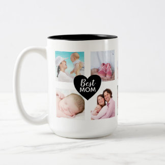 Custom 10 Photo Collage Best Mum Black Heart Two-Tone Coffee Mug