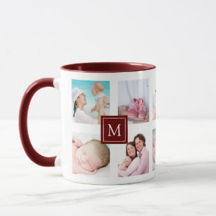 Custom 10 Photo Collage Maroon Monogram Mug