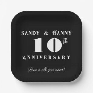Custom 10th Anniversary script black white modern Paper Plate