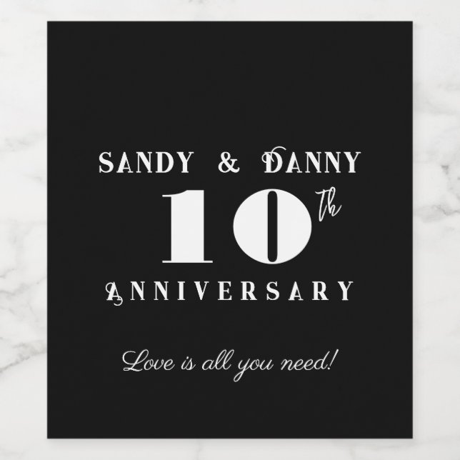 Custom 10th Anniversary script black white modern  Wine Label (Single Label)