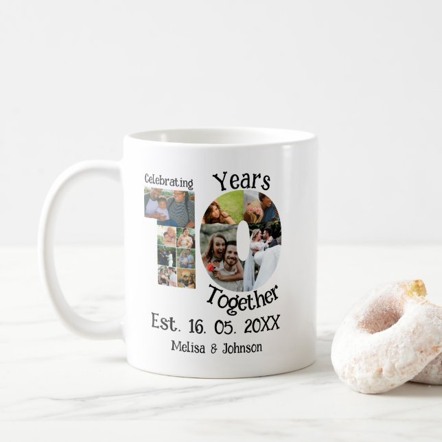 Custom 10th wedding anniversary 11 photo collage coffee mug (With Donut)