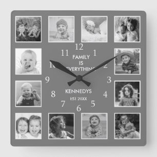 Custom 12 Black And White Photo Collage  Grey Square Wall Clock