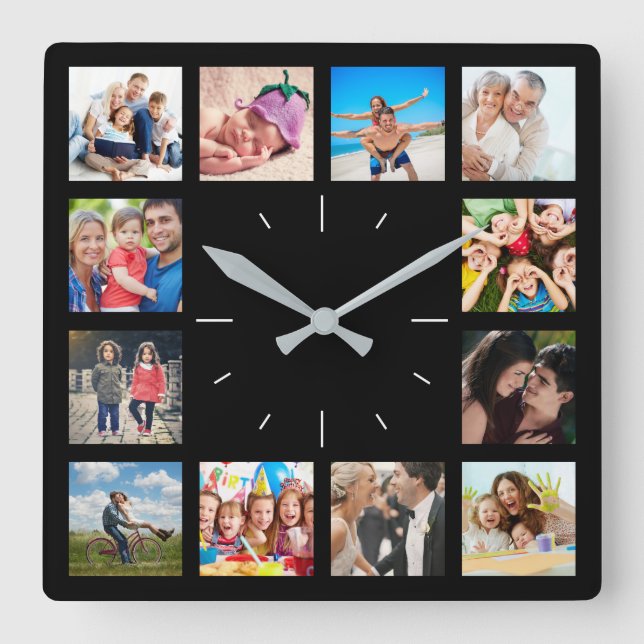 Custom 12 Family Photo Collage Keepsake Memories Square Wall Clock (Front)