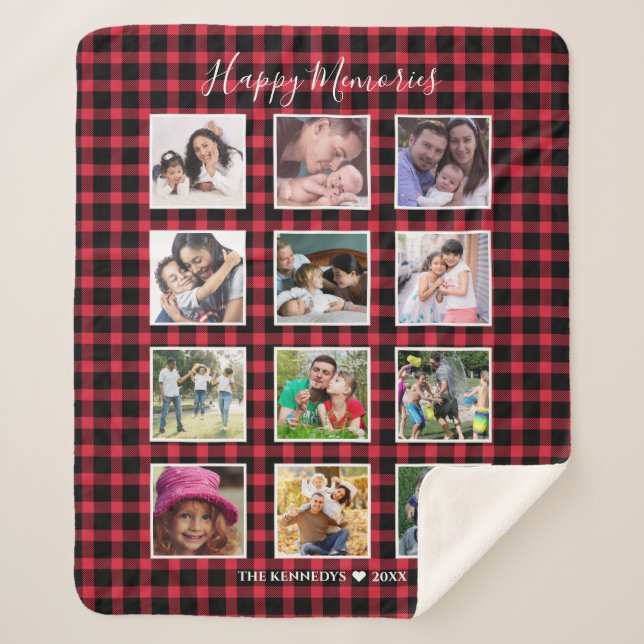 Custom 12 Family Photo Collage Red Buffalo Plaid Sherpa Blanket (Front)
