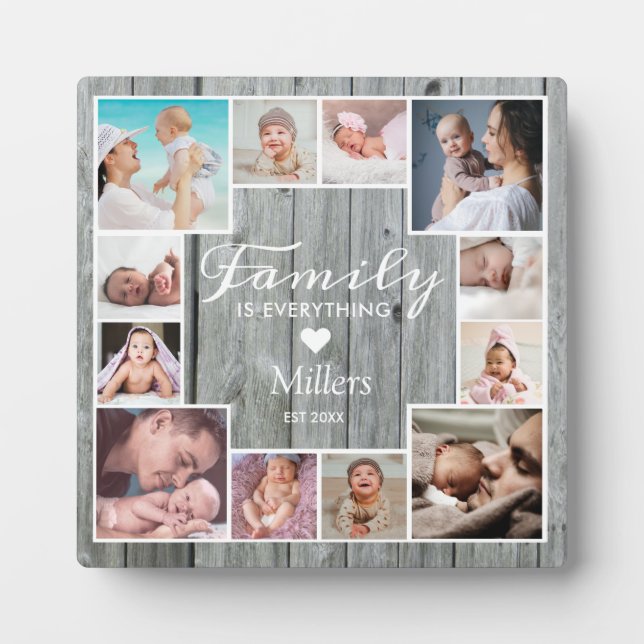Custom 12 Family Photo Collage Rustic Grey Wood Plaque (Front)