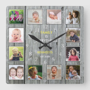 Custom 12 Family Photo Collage Rustic Grey Wood Square Wall Clock