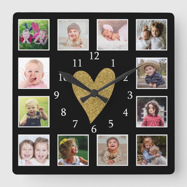 Custom 12 Photo Collage Black And Gold Heart Square Wall Clock (Front)