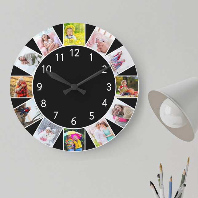 Custom 12 Photo Collage Black Round Large Clock (Photo clock with 12 photos, one at each hour. Great design for your home or a thoughtful photo gift.)