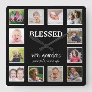 Custom 12 Photo Collage Blessed With Grandchildren Square Wall Clock