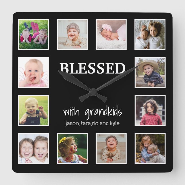 Custom 12 Photo Collage Blessed With Grandchildren Square Wall Clock (Front)