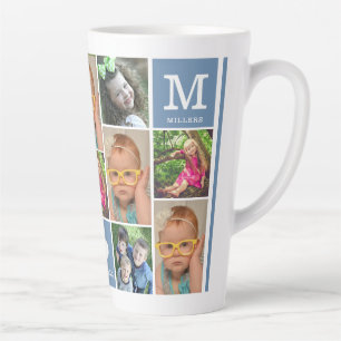 Custom 12 Photo Collage Blue Family Monogram Latte Mug