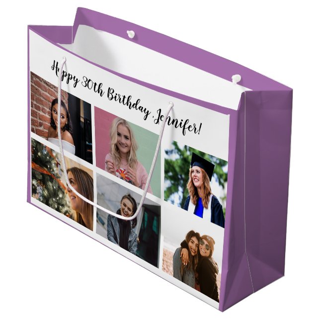 Custom 12 Photo Collage Custom Name Happy Birthday Large Gift Bag (Front Angled)