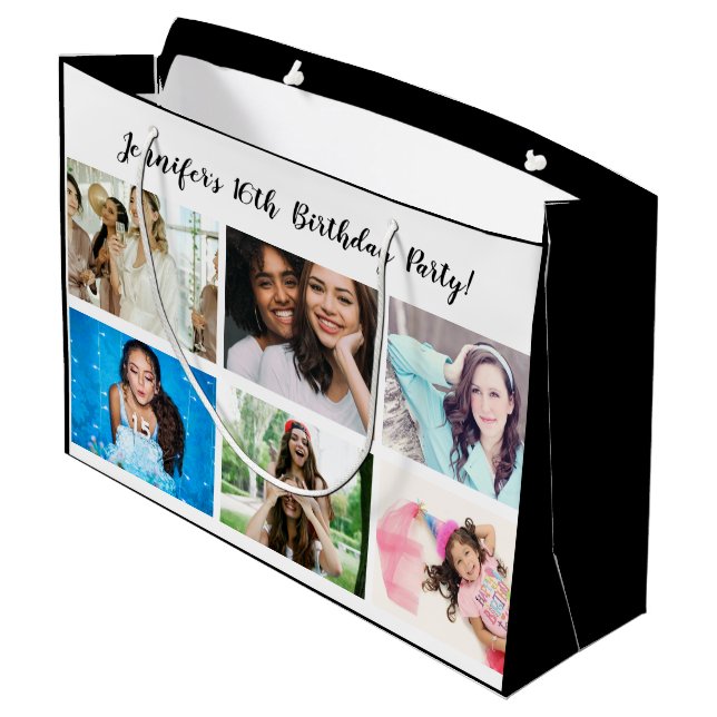 Custom 12 Photo Collage Custom Name Happy Birthday Large Gift Bag (Back Angled)