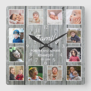 Custom 12 Photo Collage Family Forever Grey Wood Square Wall Clock