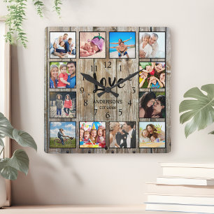 Custom 12 Photo Collage Family Love Reclaimed Wood Square Wall Clock