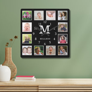Custom 12 Photo Collage Family Name Monogram Black Square Wall Clock